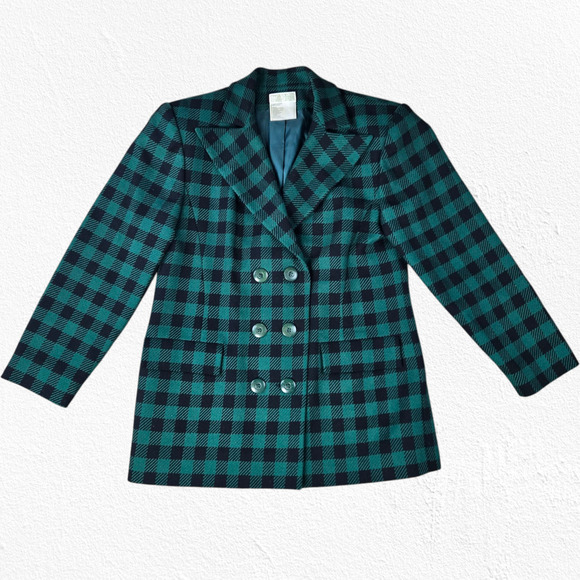 70s Vintage Emmanuelle Khanh Green Plaid Double Breasted Wool Blazer Size 10 - Picture 3 of 11
